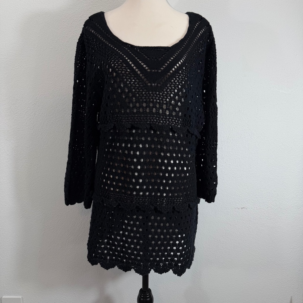 LeModa Open Knit Whimsygoth 3/4 Sleeve Beach Cover Resort Black Sweater‎ Size L